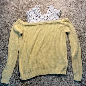 Cream knit sweater with cut out shoulder and lace neck line